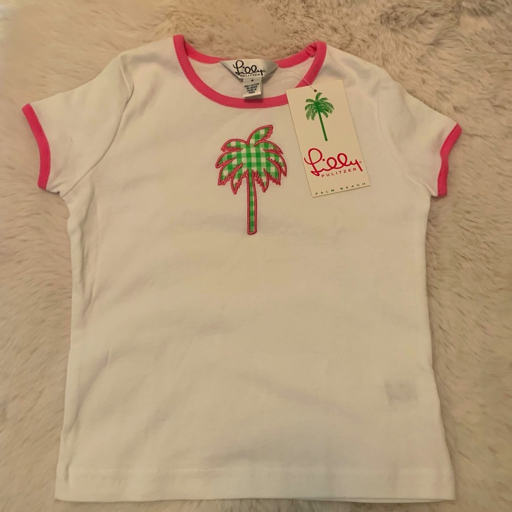 Lilly Pulitzer girls Leafy Green tee. White with hot pink edging.